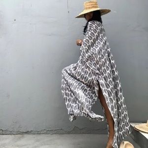 Grays Feather Foil Leaf Bohemian Gypsy Kaftan With Side Slit, Leaf Print
